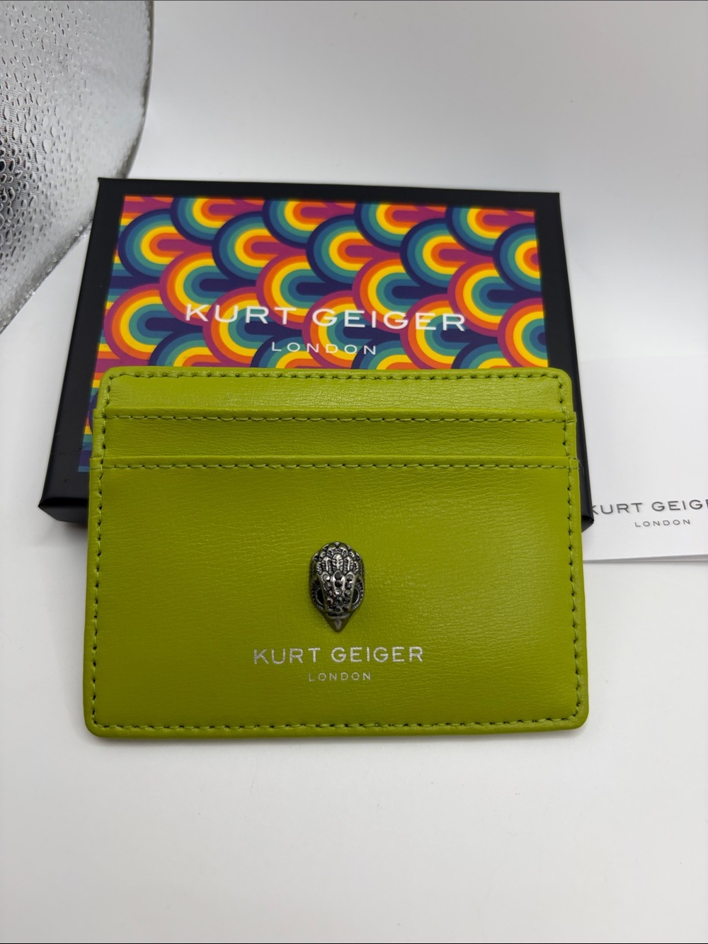 Kurt Geiger Lime Green Leather Card Case with Silver-Tone Charm